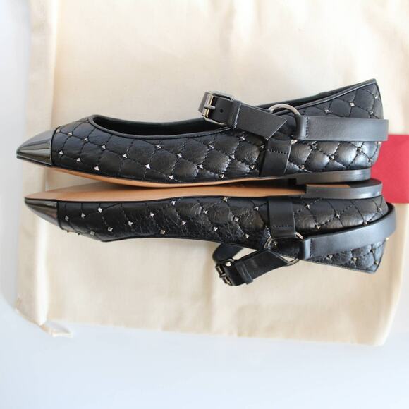 Valentino Black Quilted Leather Rockstud Cap Toe Point Mary Jane Ballet Flats - Picture 7 of 14